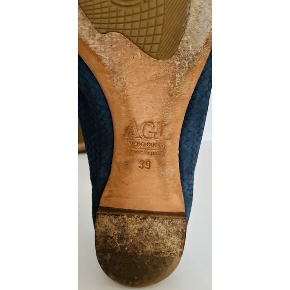 AGL Sz 9 Vero Cuoio Italian Gray Leather Toe Dble Bkl Blue Suede Braided Flats - Picture 7 of 7